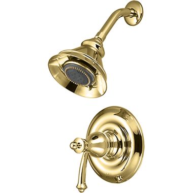 Click here to see Pioneer 4BL300T-PB Pioneer Bellaire 5-Function Shower Faucet with 4-1/2in Touch-Clean Showerhead, Single Metal Lever Handle, 2.5 GPM, Polished Brass - 4BL300T-PB