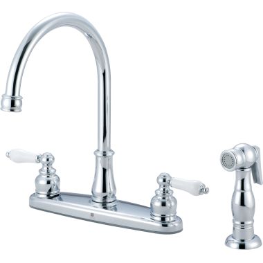 Click here to see Pioneer 2BR111 Pioneer Brentwood Two-Handle Kitchen Faucet w/ Side Spray, Porcelain Lever Handles, Chrome - 2BR111