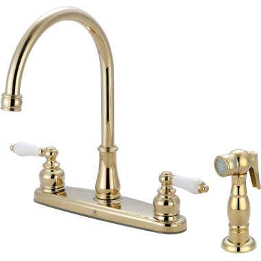 Click here to see Pioneer 2BR111-PB Pioneer Brentwood Two-Handle Kitchen Faucet w/ Side Spray, Porcelain Lever Handles, Polished Brass - 2BR111-PB