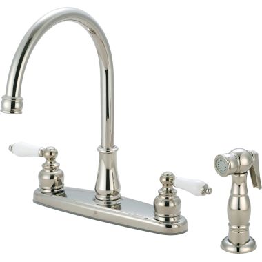 Click here to see Pioneer 2BR111-PN Pioneer Brentwood Two-Handle Kitchen Faucet w/ Side Spray, Porcelain Lever Handles, Polished Nickel - 2BR111-PN