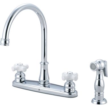 Click here to see Pioneer 2BR121 Pioneer Brentwood Two-Handle Kitchen Faucet w/ Side Spray, Porcelain Cross Handles, Chrome - 2BR121