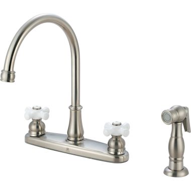 Click here to see Pioneer 2BR121-BN Pioneer Brentwood Two-Handle Kitchen Faucet w/ Side Spray, Porcelain Cross Handles, Brushed Nickel - 2BR121-BN
