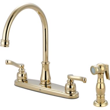Click here to see Pioneer 2BR131-PB Pioneer Brentwood Two-Handle Kitchen Faucet w/ Side Spray, Beaux Lever Handles, Polished Brass - 2BR131-PB