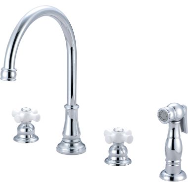 Click here to see Pioneer 2BR221 Pioneer Brentwood Two-Handle Widespread Kitchen Faucet w/ Side Spray, Porcelain Cross Handles, Chrome - 2BR221