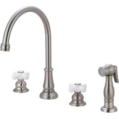 Click here to see Pioneer 2BR221-BN Pioneer Brentwood Two-Handle Widespread Kitchen Faucet w/ Side Spray, Porcelain Cross Handles, Brushed Nickel - 2BR221-BN