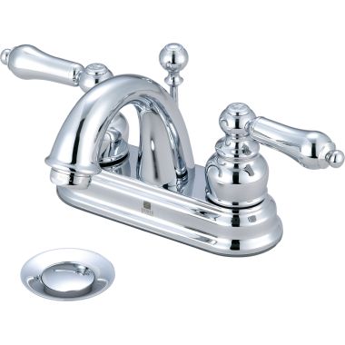 Click here to see Pioneer 3BR200 Pioneer Brentwood Centerset C-Spout Bathroom Faucet with Pop-Up Drain, Two-Handle, 1.5 GPM, Metal Lever Handle, ADA, PVD Polished Chrome - 3BR200