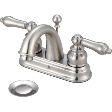 Click here to see Pioneer 3BR200-BN Pioneer Brentwood Centerset C-Spout Bathroom Faucet with Pop-Up Drain, Two-Handle, 1.5 GPM, Metal Lever Handle, ADA, PVD Brushed Nickel - 3BR200-BN