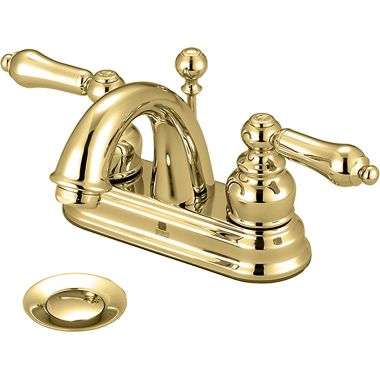 Click here to see Pioneer 3BR200-PB Pioneer Brentwood Centerset C-Spout Bathroom Faucet with Pop-Up Drain, Two-Handle, 1.5 GPM, Metal Lever Handle, ADA, PVD Polished Brass - 3BR200-PB