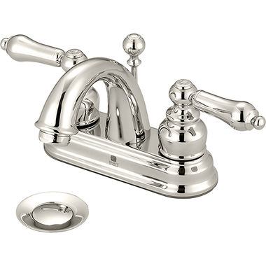 Click here to see Pioneer 3BR200-PN Pioneer Brentwood Centerset C-Spout Bathroom Faucet with Pop-Up Drain, Two-Handle, 1.5 GPM, Metal Lever Handle, ADA, PVD Polished Nickel - 3BR200-PN