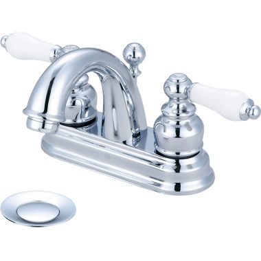 Click here to see Pioneer 3BR210 Pioneer Brentwood Centerset C-Spout Bathroom Faucet with Pop-Up Drain, Two-Handle, 1.5 GPM, Porcelain Lever Handle, ADA, PVD Polished Chrome - 3BR210