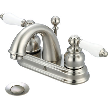 Click here to see Pioneer 3BR210-BN Pioneer Brentwood Centerset C-Spout Bathroom Faucet with Pop-Up Drain, Two-Handle, 1.5 GPM, Porcelain Lever Handle, ADA, PVD Brushed Nickel - 3BR210-BN