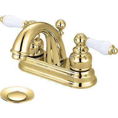 Click here to see Pioneer 3BR210-PB Pioneer Brentwood Centerset C-Spout Bathroom Faucet with Pop-Up Drain, Two-Handle, 1.5 GPM, Porcelain Lever Handle, ADA, PVD Polished Brass - 3BR210-PB