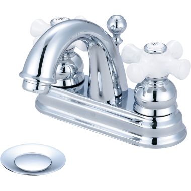 Click here to see Pioneer 3BR220 Pioneer Brentwood Centerset C-Spout Bathroom Faucet with Pop-Up Drain, Two-Handle, 1.5 GPM, Porcelain Cross Handle, PVD Polished Chrome - 3BR220
