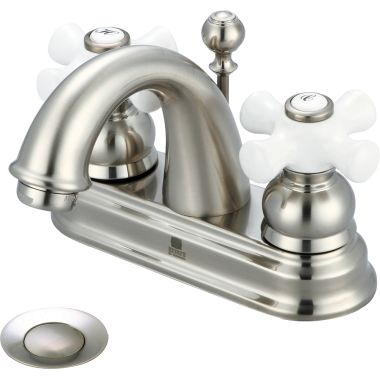 Click here to see Pioneer 3BR220-BN Pioneer Brentwood Centerset C-Spout Bathroom Faucet with Pop-Up Drain, Two-Handle, 1.5 GPM, Porcelain Cross Handle, PVD Brushed Nickel - 3BR220-BN