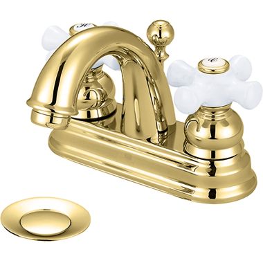 Click here to see Pioneer 3BR220-PB Pioneer Brentwood Centerset C-Spout Bathroom Faucet with Pop-Up Drain, Two-Handle, 1.5 GPM, Porcelain Cross Handle, PVD Polished Brass - 3BR220-PB