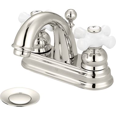 Click here to see Pioneer 3BR220-PN Pioneer Brentwood Centerset C-Spout Bathroom Faucet with Pop-Up Drain, Two-Handle, 1.5 GPM, Porcelain Cross Handle, PVD Polished Nickel - 3BR220-PN