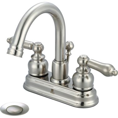 Click here to see Pioneer 3BR300-BN Pioneer Brentwood Centerset Gooseneck Bathroom Faucet with Pop-Up Drain, Two-Handle, 1.2 GPM, Metal Lever Handle, ADA, PVD Brushed Nickel - 3BR300-BN