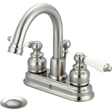 Click here to see Pioneer 3BR310-BN Pioneer Brentwood Centerset Gooseneck Bathroom Faucet with Pop-Up Drain, Two-Handle, 1.2 GPM, Porcelain Lever Handle, ADA, PVD Brushed Nickel - 3BR310-BN