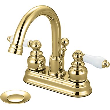 Click here to see Pioneer 3BR310-PB Pioneer 3BR310-PB Brentwood Two-Handle 4-Inch Centerset Lavatory Faucet w/ Pop-up Drain, Porcelain Lever Handles, Polished Brass