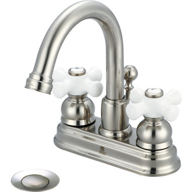 Click here to see Pioneer 3BR320-BN Pioneer Brentwood Centerset Gooseneck Bathroom Faucet with Pop-Up Drain, Two-Handle, 1.5 GPM, Porcelain Cross Handle, PVD Brushed Nickel - 3BR320-BN