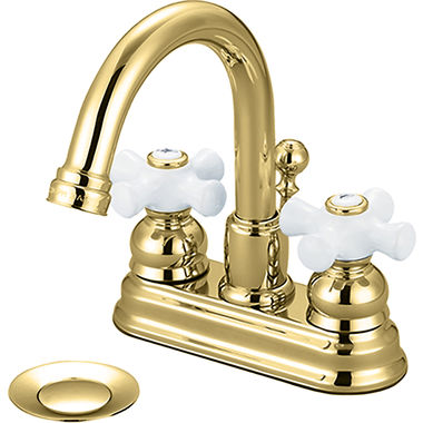 Click here to see Pioneer 3BR320-PB Pioneer Brentwood Centerset Gooseneck Bathroom Faucet with Pop-Up Drain, Two-Handle, 1.5 GPM, Porcelain Cross Handle, PVD Polished Brass - 3BR320-PB