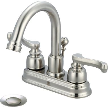 Click here to see Pioneer 3BR330-BN Pioneer Brentwood Centerset Gooseneck Bathroom Faucet with Pop-Up Drain, Two-Handle, 1.5 GPM, Beaux Lever Handle, ADA, PVD Brushed Nickel - 3BR330-BN