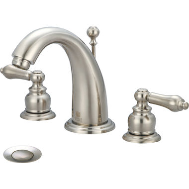 Click here to see Pioneer 3BR400-BN Pioneer Brentwood Widespread J-Spout Bathroom Faucet with Pop-Up Drain, Two-Handle, 1.2 GPM, Metal Lever Handle, ADA, PVD Brushed Nickel - 3BR400-BN