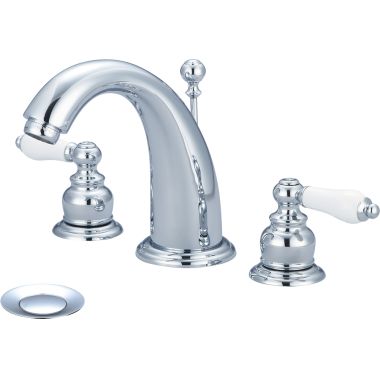 Click here to see Pioneer 3BR410 Pioneer Brentwood Widespread J-Spout Bathroom Faucet with Pop-Up Drain, Two-Handle, 1.2 GPM, Porcelain Lever Handle, Polished Chrome - 3BR410