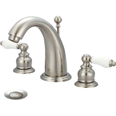 Click here to see Pioneer 3BR410-BN Pioneer Brentwood Widespread J-Spout Bathroom Faucet with Pop-Up Drain, Two-Handle, 1.2 GPM, Porcelain Lever Handle, PVD Brushed Nickel - 3BR410-BN