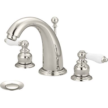 Click here to see Pioneer 3BR410-PN Pioneer Brentwood Widespread J-Spout Bathroom Faucet with Pop-Up Drain, Two-Handle, 1.2 GPM, Porcelain Lever Handle, PVD Polished Nickel - 3BR410-PN