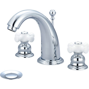 Click here to see Pioneer 3BR420 Pioneer Brentwood Widespread J-Spout Bathroom Faucet with Pop-Up Drain, Two-Handle, 1.5 GPM, Porcelain Cross Handle, PVD Polished Chrome - 3BR420