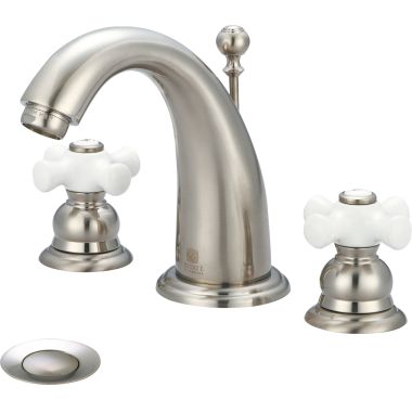Click here to see Pioneer 3BR420-BN Pioneer Brentwood Widespread J-Spout Bathroom Faucet with Pop-Up Drain, Two-Handle, 1.5 GPM, Porcelain Cross Handle, PVD Brushed Nickel - 3BR420-BN