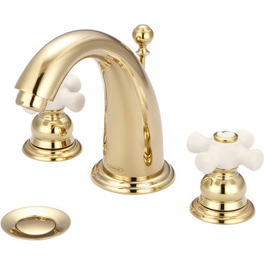 Click here to see Pioneer 3BR420-PB Pioneer 3BR420-PB Brentwood Two-Handle Widespread Bathroom Faucet w/ Pop-up, Porcelain Cross Handles, Polished Brass