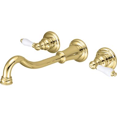 Click here to see Pioneer 3BR710-PB Pioneer Brentwood Widespread Wall-Mount Vessel Bathroom Faucet, Two-Handle, 1.5 GPM, Porcelain Lever Handle, ADA, PVD Polished Brass - 3BR710-PB