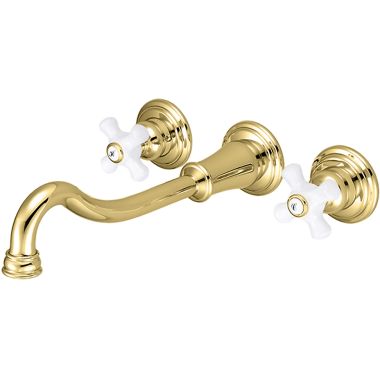 Click here to see Pioneer 3BR720-PB Pioneer Brentwood Widespread Wall-Mount Vessel Bathroom Faucet, Two-Handle, 1.5 GPM, Porcelain Cross Handle, PVD Polished Brass - 3BR720-PB