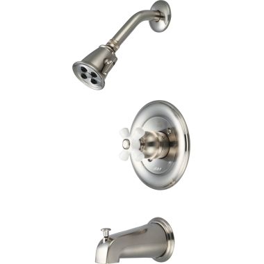 Click here to see Pioneer 4BR120T-BN Pioneer Brentwood Single Handle Brushed Nickel Tub/Shower Trim Kit, Two-Function, 2.5 GPM, Porcelain Cross Handle - 4BR120T-BN
