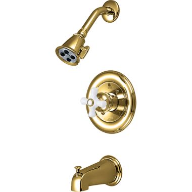 Click here to see Pioneer 4BR120T-PB Pioneer Brentwood Single Handle Polished Brass Tub/Shower Trim Kit, Two-Function, 2.5 GPM, Porcelain Cross Handle - 4BR120T-PB