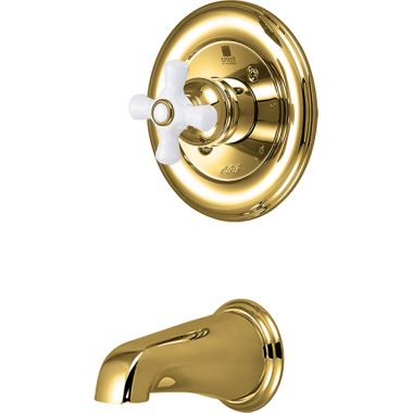 Click here to see Pioneer 4BR220T-PB Pioneer Brentwood Single Handle Wall-Mount Polished Brass Tub Faucet Trim Set, Porcelain Cross Handle - 4BR220T-PB