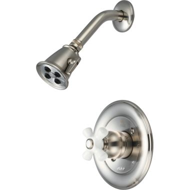 Click here to see Pioneer 4BR320T-BN Pioneer Brentwood 2-Function Shower Faucet with 2-1/2in Showerhead, Porcelain Cross Handle, Trim Only, 2.5 GPM, Brushed Nickel - 4BR320T-BN