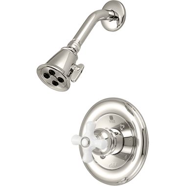 Click here to see Pioneer 4BR320T-PN Pioneer Brentwood 2-Function Shower Faucet with 2-1/2in Showerhead, Porcelain Cross Handle, Trim Only, 2.5 GPM, Polished Nickel - 4BR320T-PN