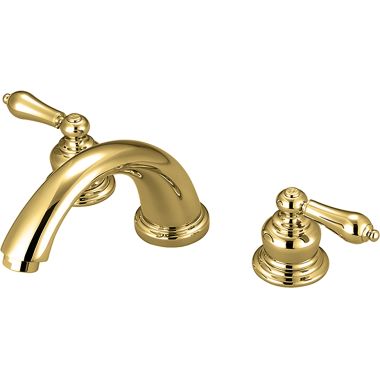 Click here to see Pioneer 4BR700-PB Pioneer Brentwood Two-Handle Deck Mounted Polished Brass Roman Tub Faucet Trim Set with Rough-In, C Spout, Metal Lever Handles, ADA - 4BR700-PB