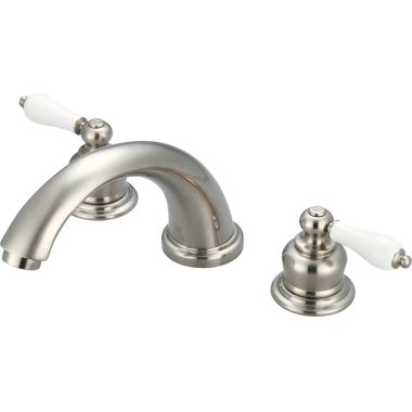 Click here to see Pioneer 4BR710-BN Pioneer Brentwood Two-Handle Deck Mounted Brushed Nickel Roman Tub Faucet Trim Kit w/ Rough-In, C Spout, Porcelain Lever Handles, ADA - 4BR710-BN