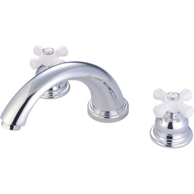 Click here to see Pioneer 4BR720 Pioneer Brentwood Two-Handle Deck Mounted Polished Chrome Roman Tub Faucet Trim Set with Rough-In, C Spout, Porcelain Cross Handles - 4BR720