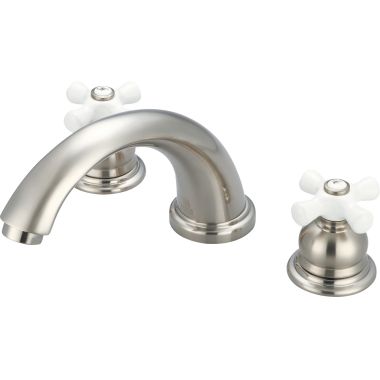 Click here to see Pioneer 4BR720-BN Pioneer Brentwood Two-Handle Deck Mounted Brushed Nickel Roman Tub Faucet Trim Set with Rough-In, C Spout, Porcelain Cross Handles - 4BR720-BN