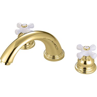 Click here to see Pioneer 4BR720-PB Pioneer Brentwood Two-Handle Deck Mounted Polished Brass Roman Tub Faucet Trim Set with Rough-In, C Spout, Porcelain Cross Handles - 4BR720-PB