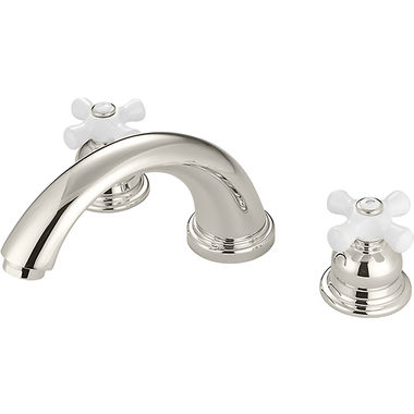 Click here to see Pioneer 4BR720-PN Pioneer Brentwood Two-Handle Deck Mounted Polished Nickel Roman Tub Faucet Trim Set with Rough-In, C Spout, Porcelain Cross Handles - 4BR720-PN