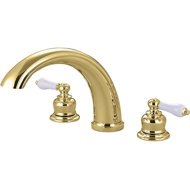 Click here to see Pioneer 4BR810-PB Pioneer Brentwood Two-Handle Polished Brass Roman Tub Faucet Trim Kit, J Spout, Porcelain Lever Handles, Brass - 4BR810-PB