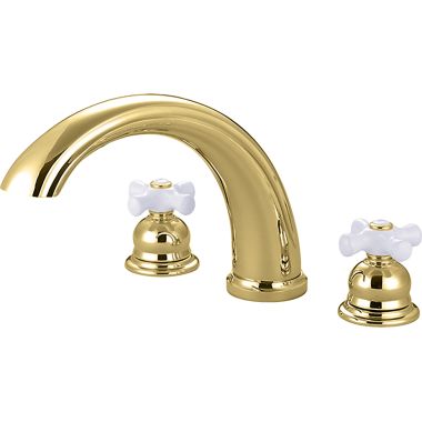 Click here to see Pioneer 4BR820-PB Pioneer Brentwood Two-Handle Polished Brass Roman Tub Faucet, Porcelain Cross Handles, J-Style Spout, Brass - 4BR820-PB