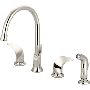 Click here to see Pioneer 2CB201-PN Pioneer Cabrillo Two-Handle Widespread Kitchen Faucet w/ Side Spray, Polished Nickel - 2CB201-PN