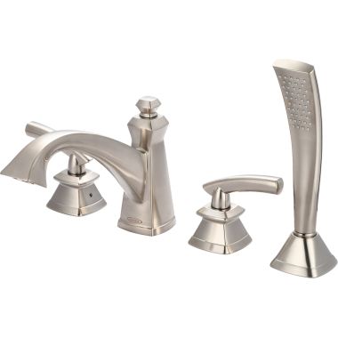 Click here to see Pioneer 4GB611-BN Pioneer Gibraltar Deck-Mount Brushed Nickel Roman Tub Faucet Trim with Rough-In, Handheld Shower Head, Two Metal Lever Handles, ADA - 4GB611-BN